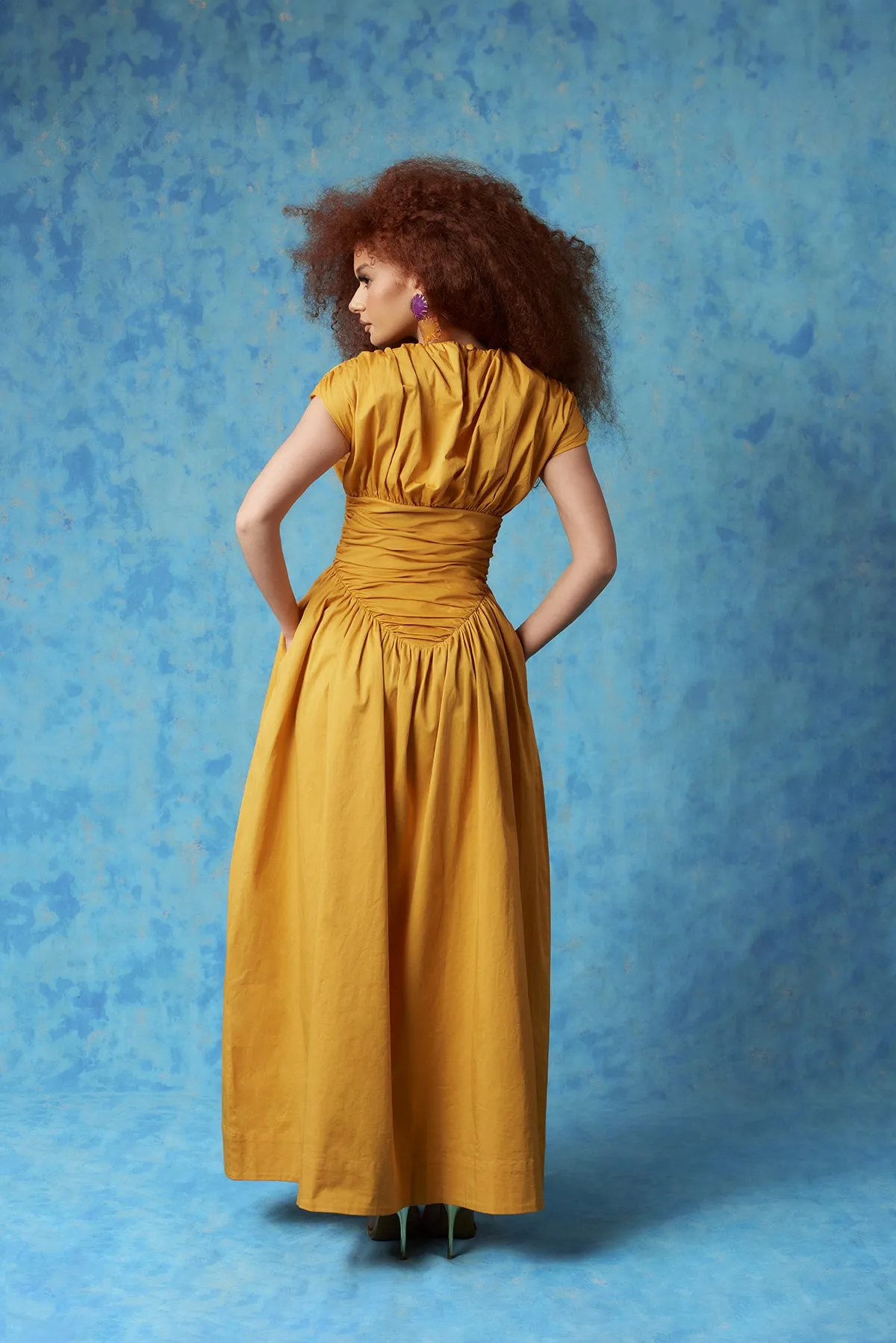 Adesuwa Ruched Cotton Long Dress - Yellow Ochre