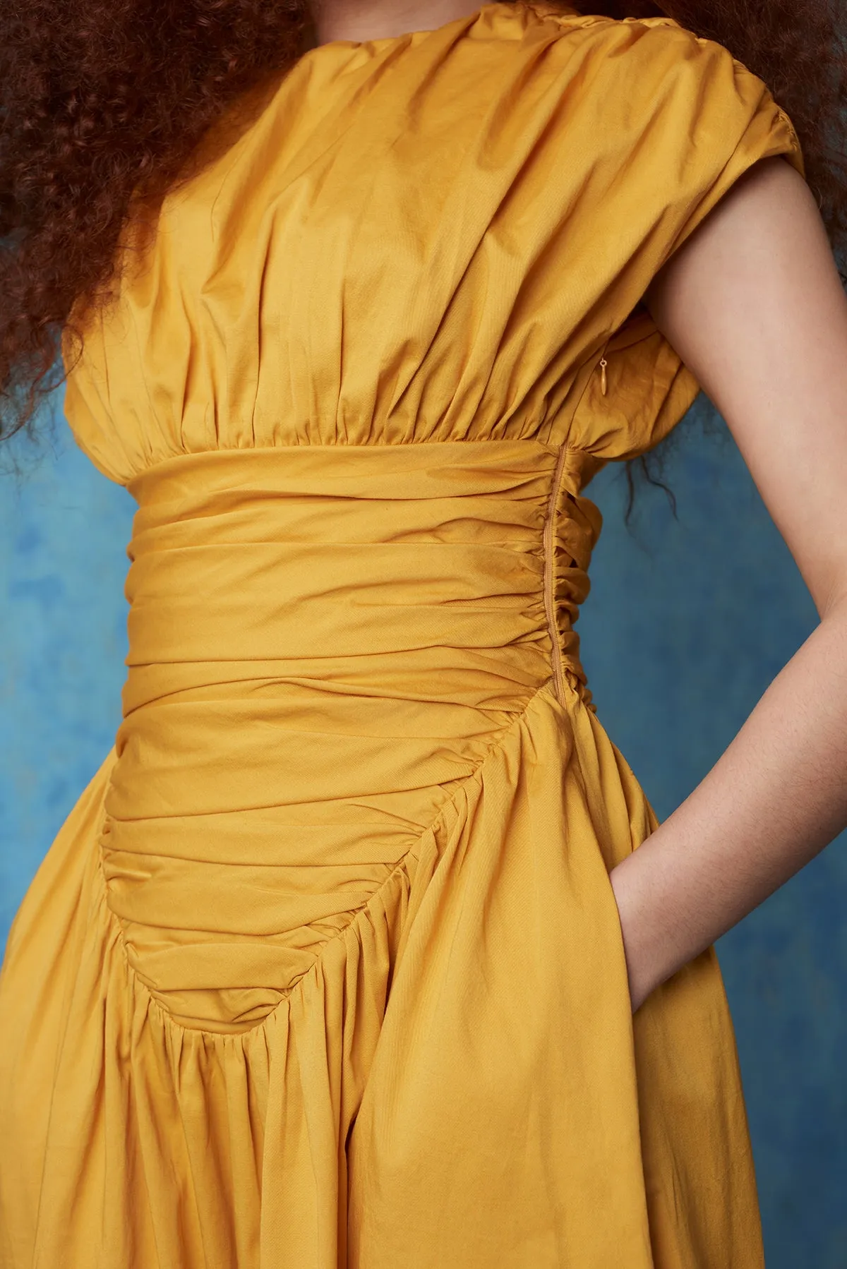 Adesuwa Ruched Cotton Long Dress - Yellow Ochre