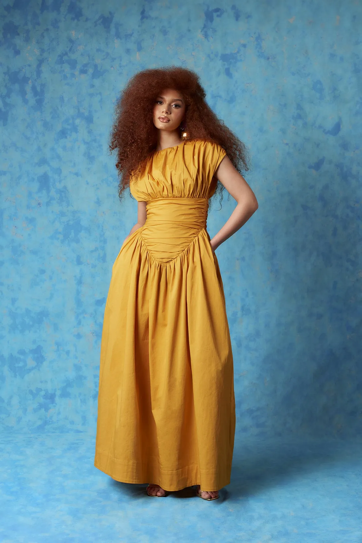 Adesuwa Ruched Cotton Long Dress - Yellow Ochre