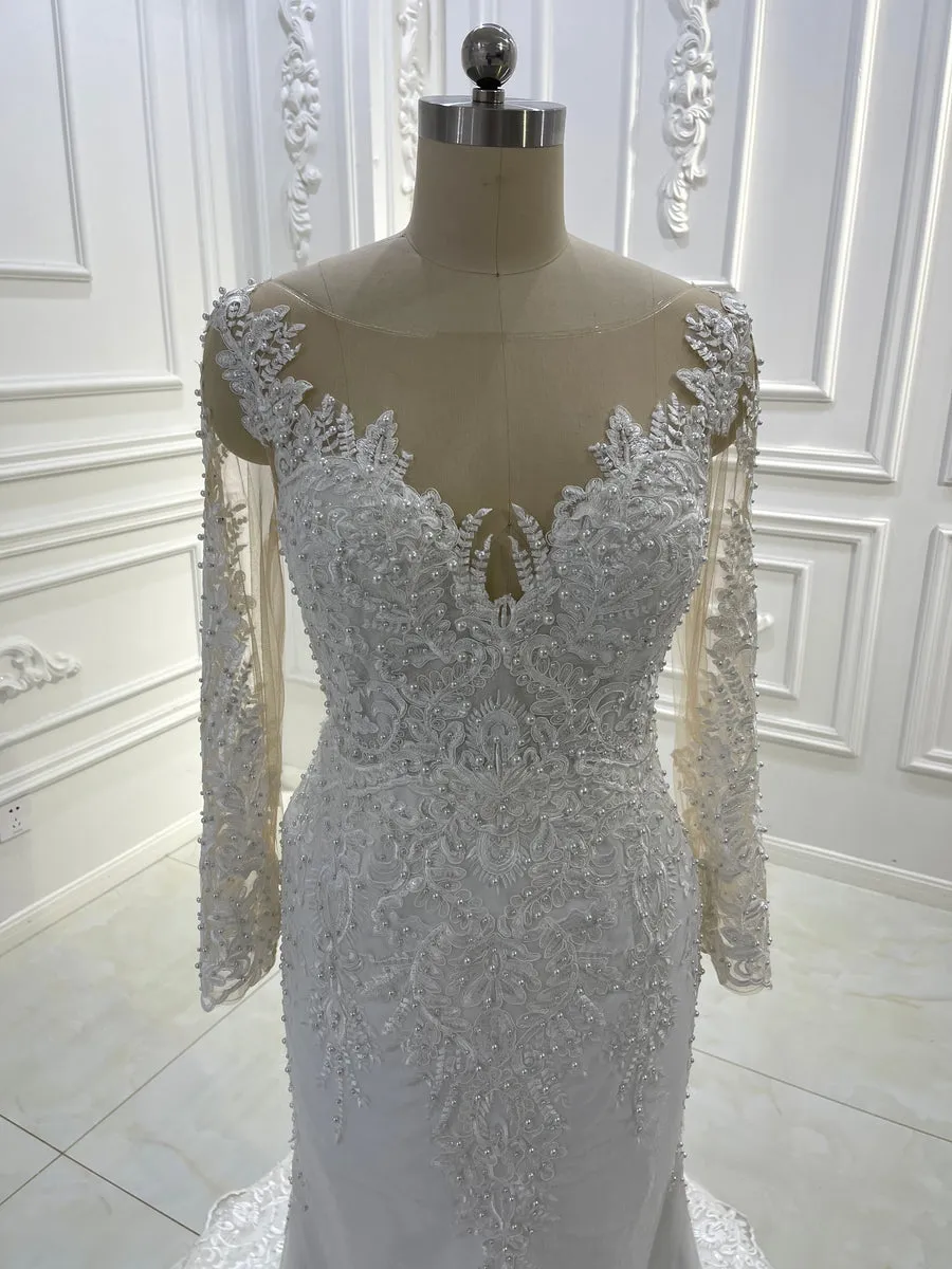 AM1071 2 in 1 Long Sleeve Lace Appliqued Mermaid Detachable Skirt Wedding Dress