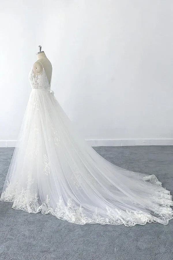 Amazing Long A-line V-neck Ruffle Appliques Tulle Wedding Dress