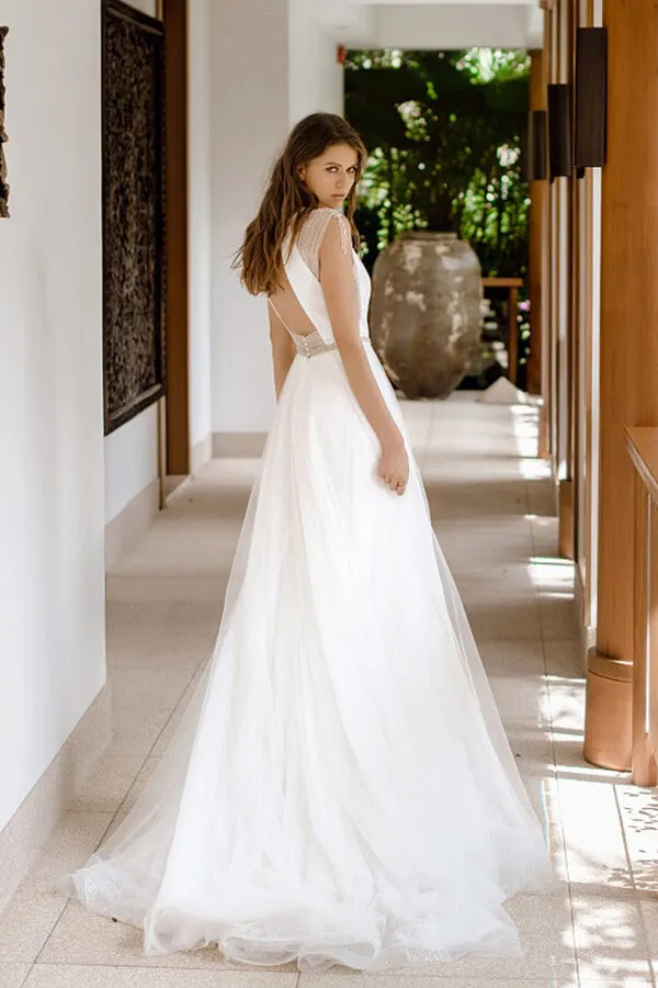 Awesome Long A-line Beading Tulle Open Back Wedding Dress