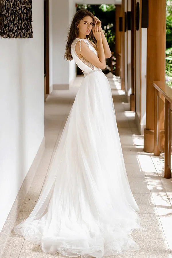 Awesome Long A-line Beading Tulle Open Back Wedding Dress