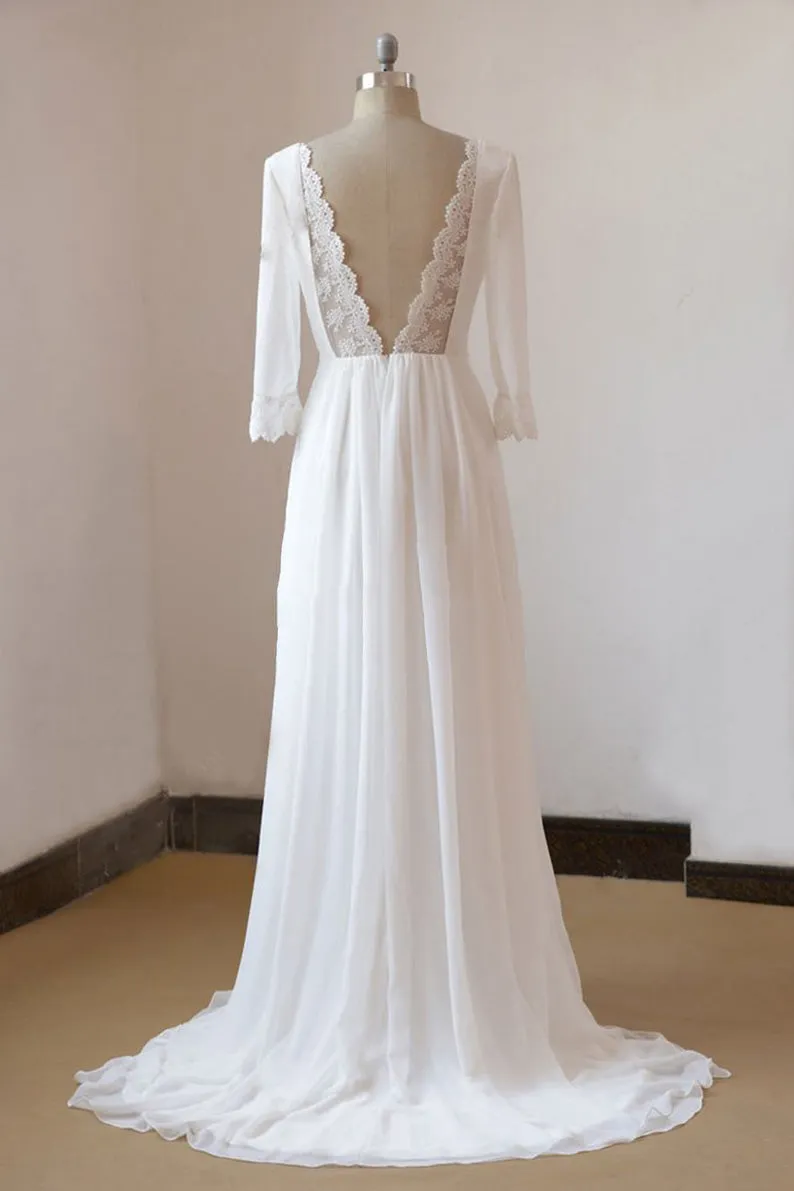 Beach Long A-line Chiffon Backless Wedding Dress with Sleeves