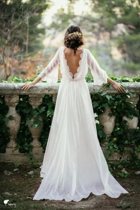 Beach Long A-line Chiffon Backless Wedding Dress with Sleeves