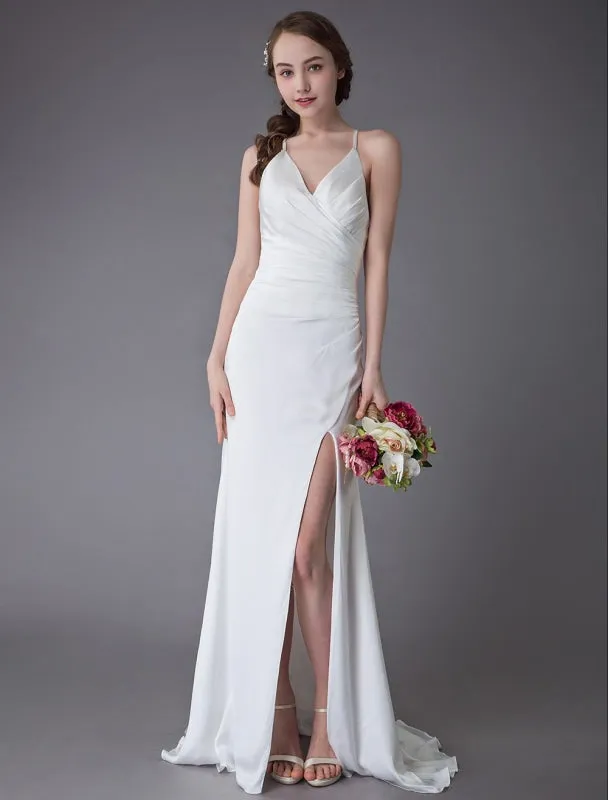 Beach Wedding Dresses Sexy Bridal Dress High Split Ivory Sheath Straps Summer Wedding Gowns