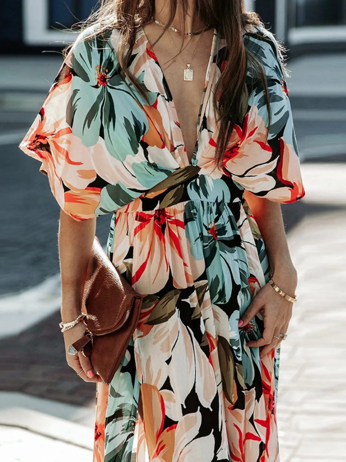 Beach Wedding Guest Attire: Floral Plunge Dress with Half Sleeves for Women