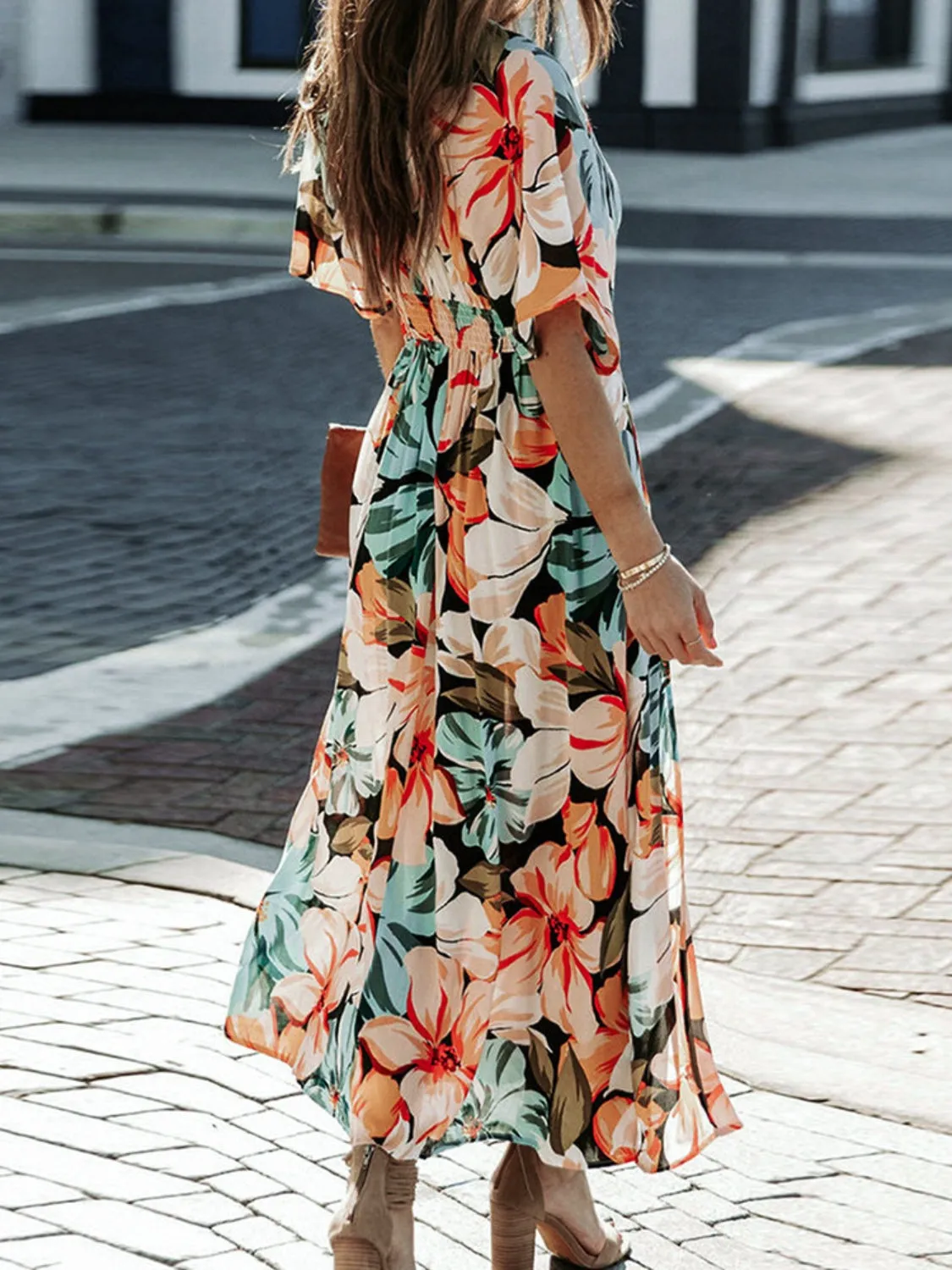 Beach Wedding Guest Attire: Floral Plunge Dress with Half Sleeves for Women