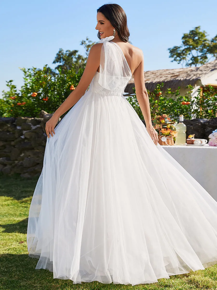 Beaded Asymmetric Bowknot Shoulder Sleveeless Wedding Dress