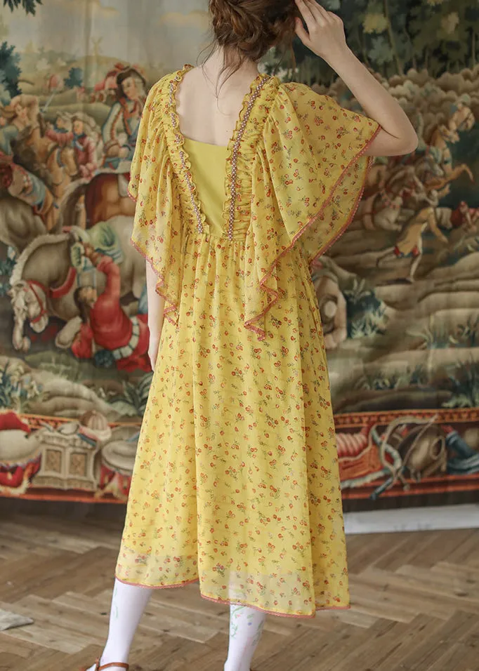 Beautiful Yellow Ruffled Lace Up Nail Bead Chiffon Long Dresses Summer QA1016