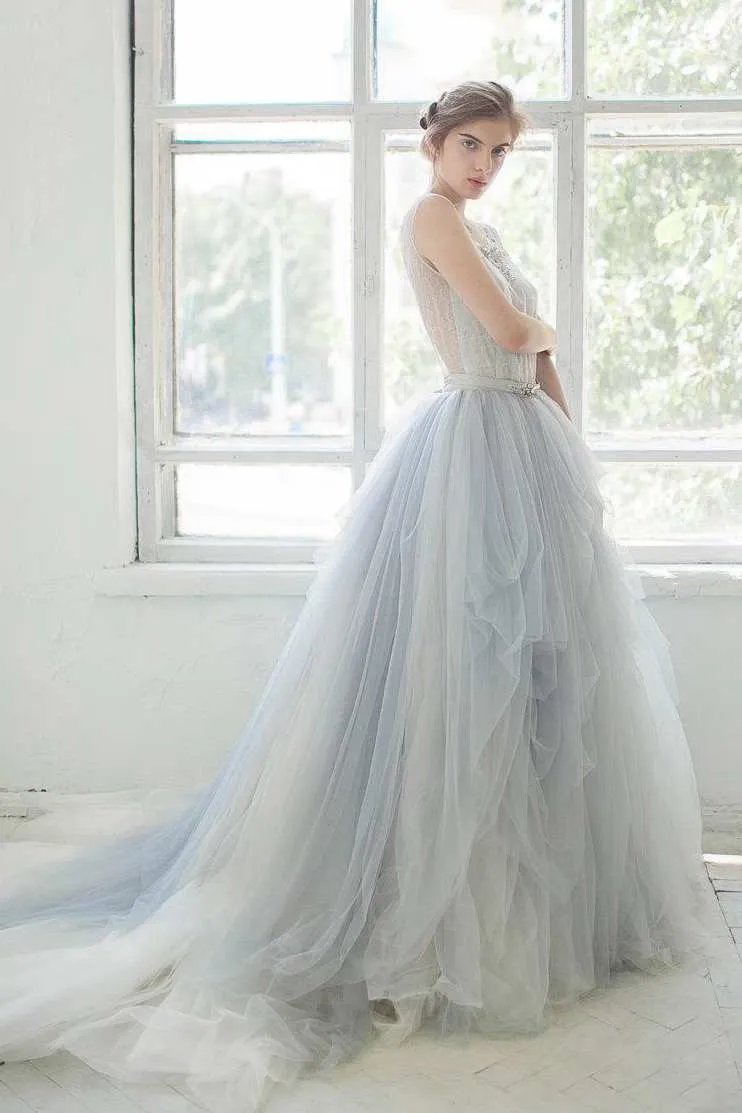 Bell Sleeve Tulle Satin Lace Wedding Dress-715074