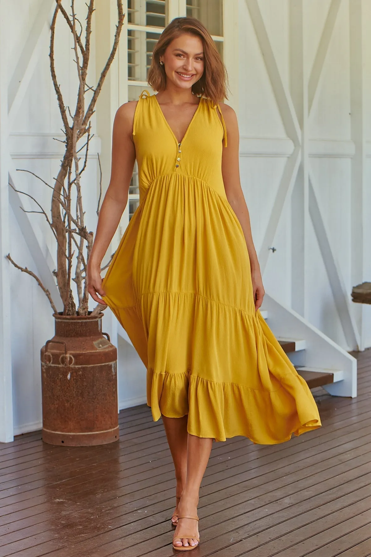 Bethanie Layered Midi Mustard Yellow Dress