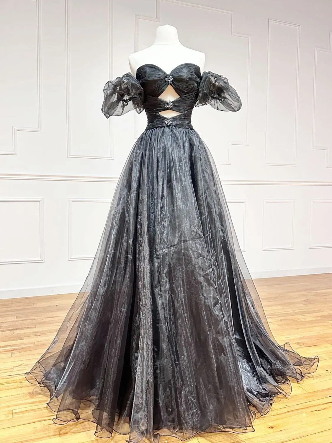 Black A-Line Off Shoulder Tulle Long Prom Dress, Black Formal Evening Dress