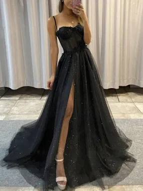 Black A line Sweetheart Tulle Sequin Long Prom Dress, Black Graduation Dresses