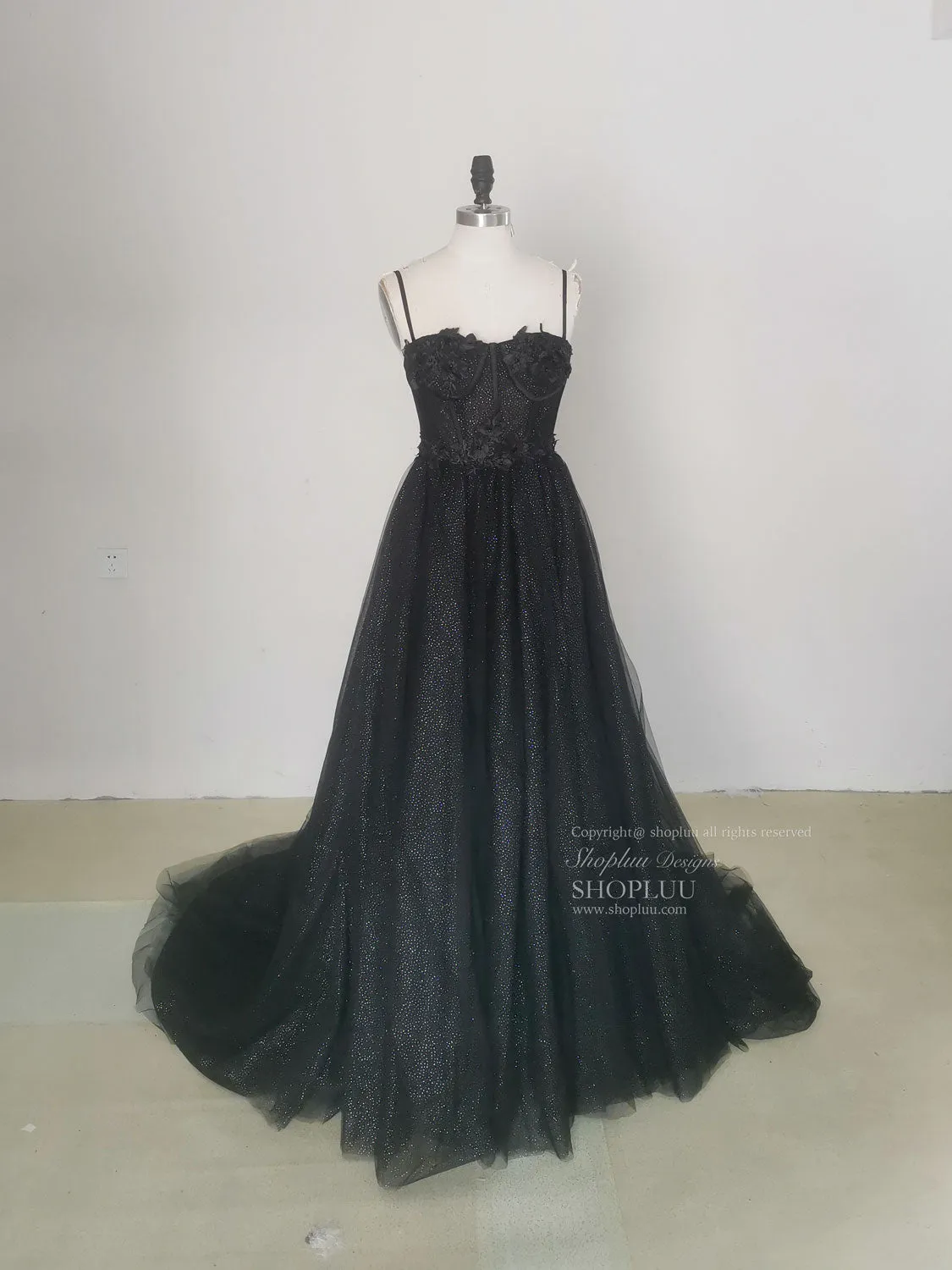 Black A line Sweetheart Tulle Sequin Long Prom Dress, Black Graduation Dresses