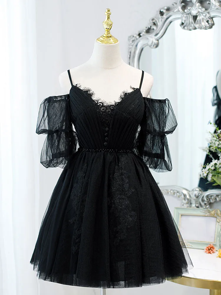 Black A line V Neck Lace Short/Mini Prom Dress, Black Puffy Homecoming Dresses