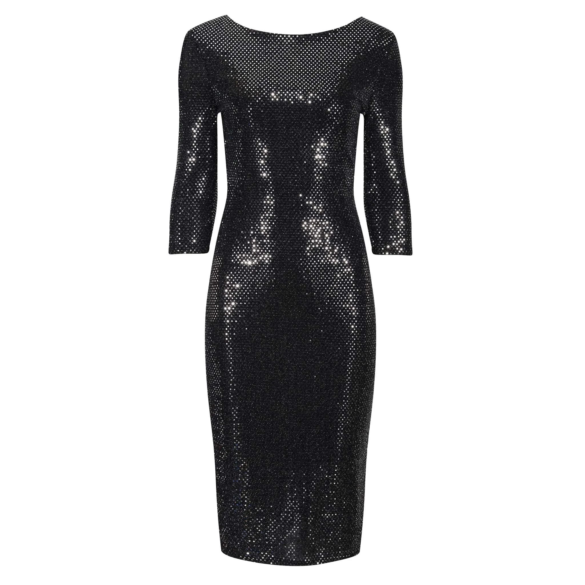 Black And Silver Sequin 3/4 Sleeve Bodycon Pencil Wiggle Party Dress