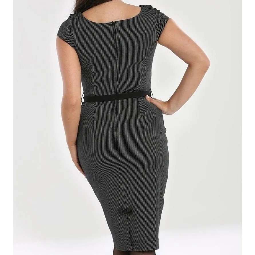 Black And White Pinstripe Belted Office Pencil Dress