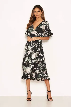 Black Floral Frill Wrap Midi Dress