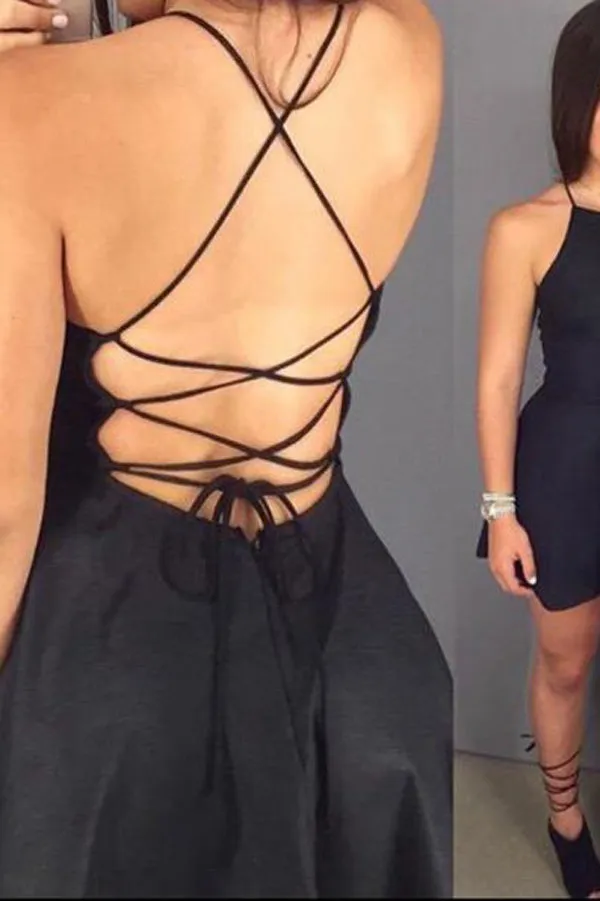 Black Halter Sleeveless Open Back Homecoming Dresses