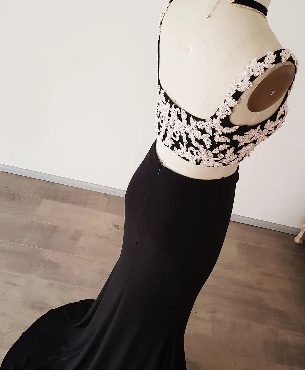 Black Lace Two Pieces Long Prom Dress, Black Evening Dress with Lace Beading