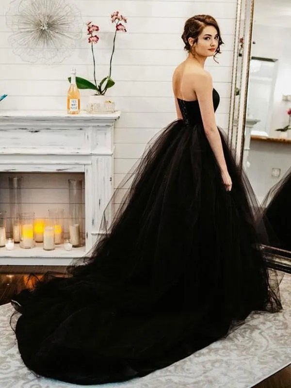 Black Wedding Dresses A-Line Strapless Pleated Taffeta Tulle Chapel Train Bridal Dress