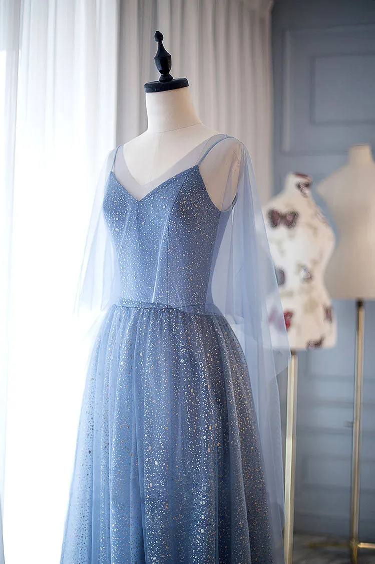 Blue tulle long prom dress, blue tulle evening dress