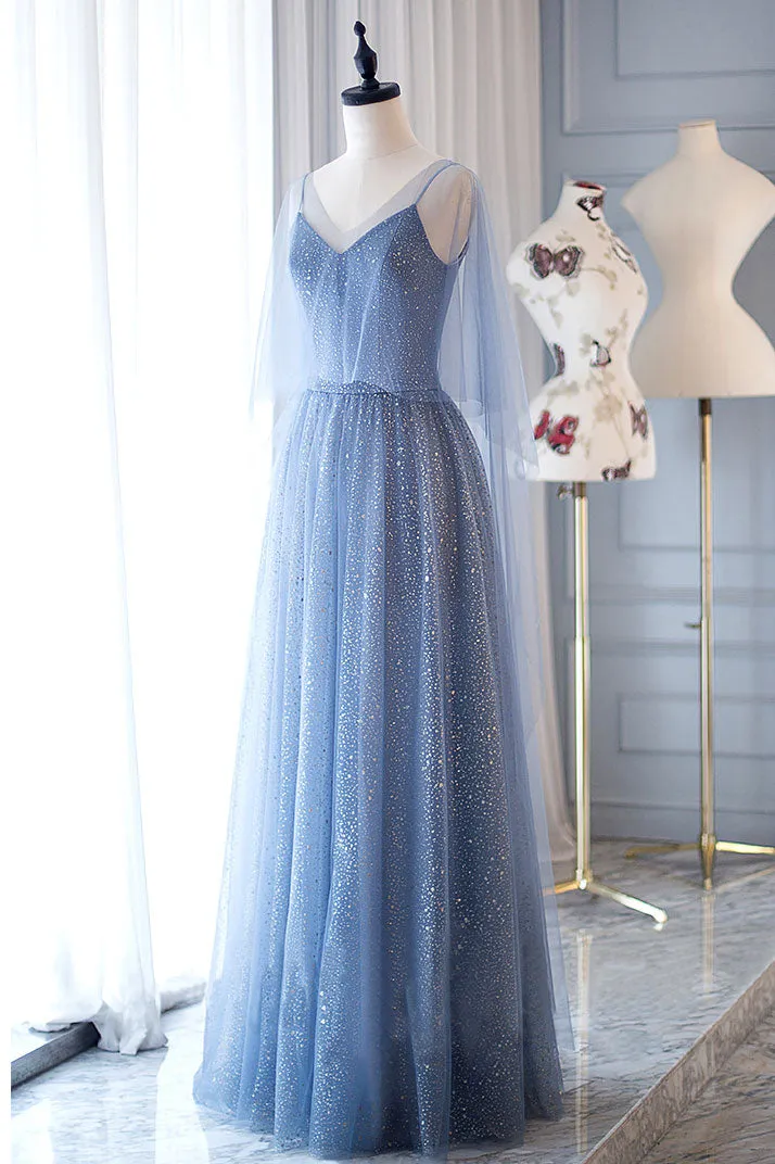 Blue tulle long prom dress, blue tulle evening dress