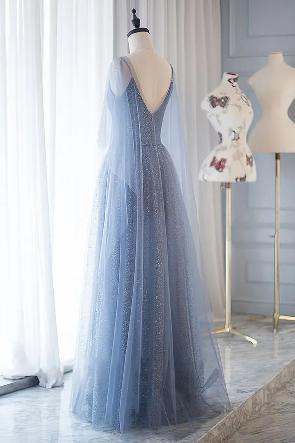 Blue tulle long prom dress, blue tulle evening dress