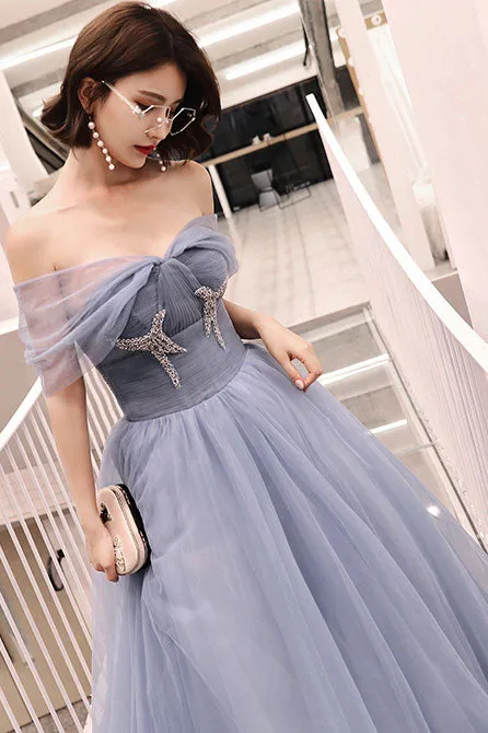 Blue tulle long prom dress, tulle long evening dress