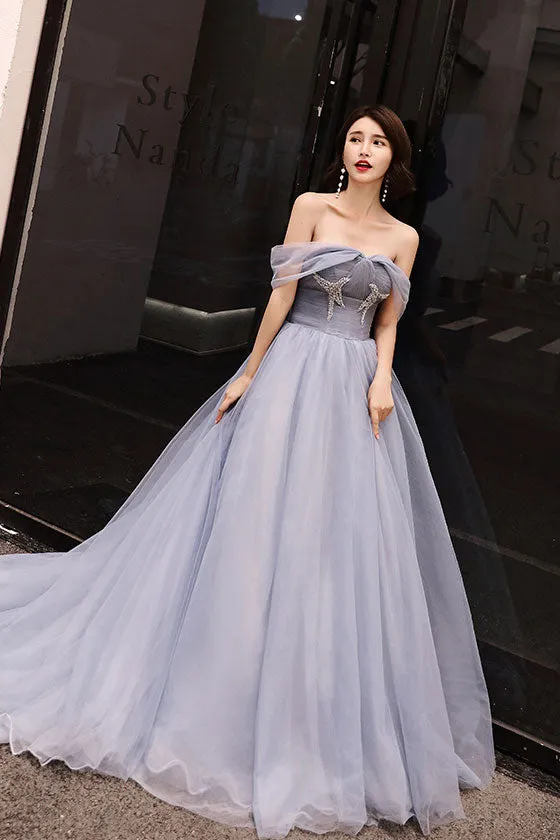 Blue tulle long prom dress, tulle long evening dress