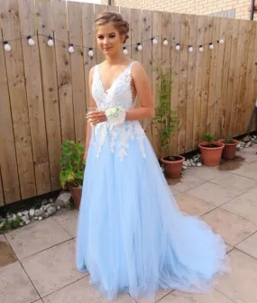 Blue v neck lace long prom dress, blue lace bridesmaid dress