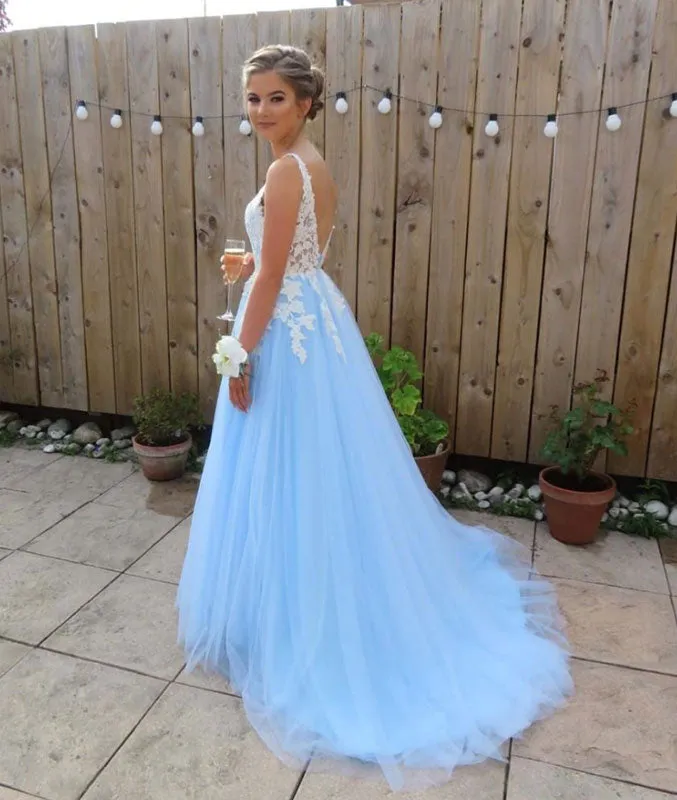 Blue v neck lace long prom dress, blue lace bridesmaid dress