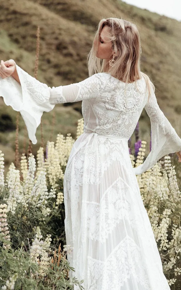 Bohemian Lace V-neck A-Line Wedding Dress Simple Casual Sexy Adorable Country With Illusion Back And Illusion Long Sleeves-716742