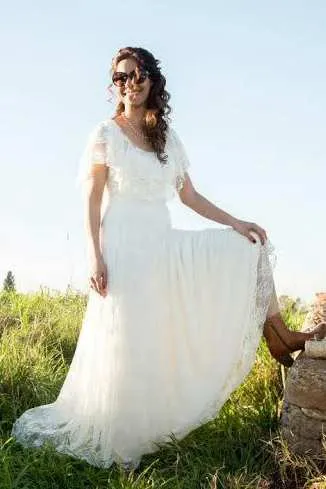 Boho Scoop-Neck Lace And Pleated Wedding Dress-715106