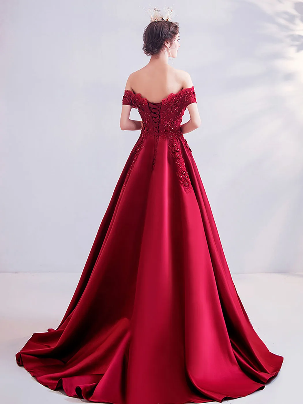 Burgundy A-Line Satin Lace Long Prom Dresses, Burgundy Formal Graduation Dress