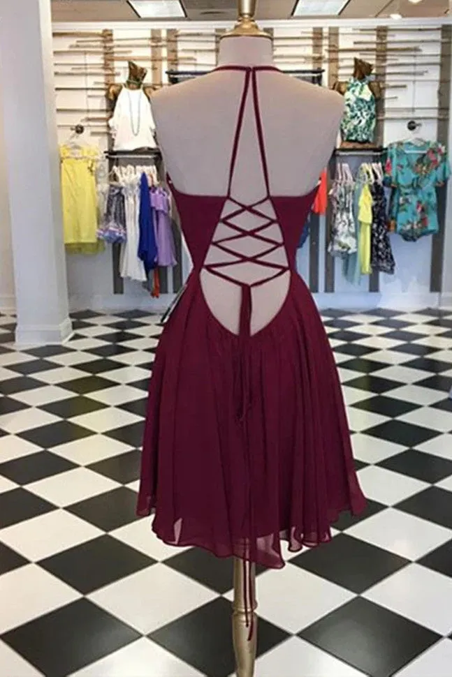 Burgundy Chiffon Short Homecoming Dresses With Lace-up