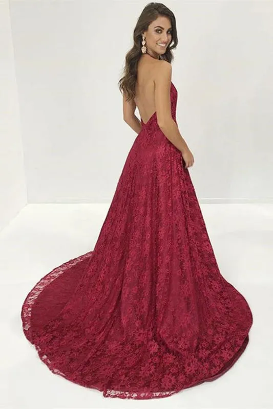 Chic Bordeaux Lace Prom Gown with Stunning V-Neck