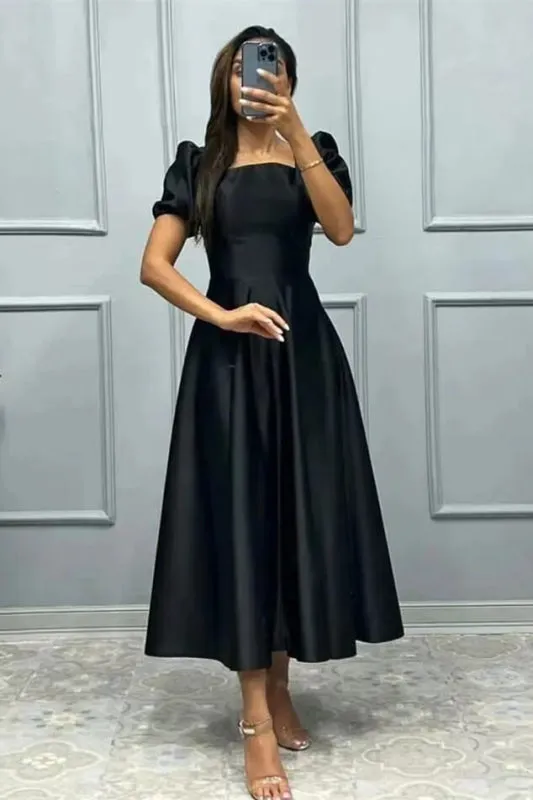 Chic Square Neckline A-Line Prom Dress with Short Sleeves