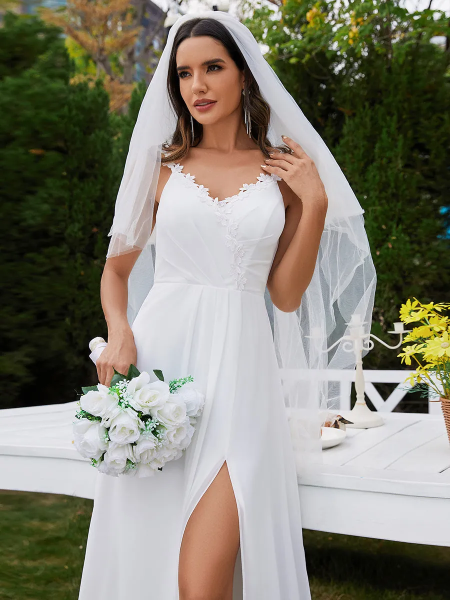 Chiffon High Split Spaghetti Strap Appliques Wedding Dress