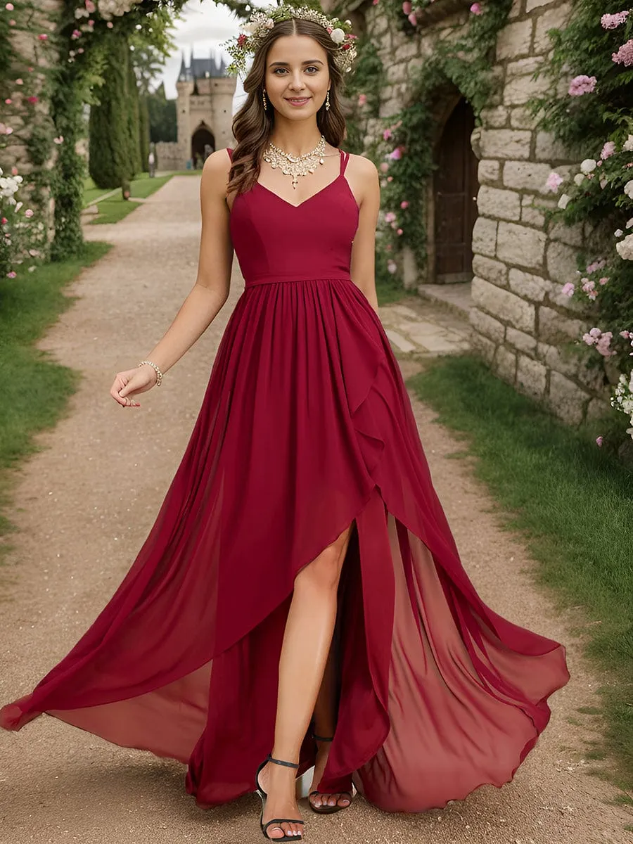 Chiffon Spaghetti Strap Ruffled Front Slit A-Line Bridesmaid Dress