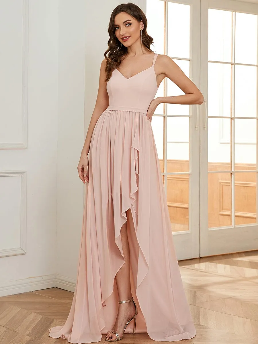 Chiffon Spaghetti Strap Ruffled Front Slit A-Line Bridesmaid Dress