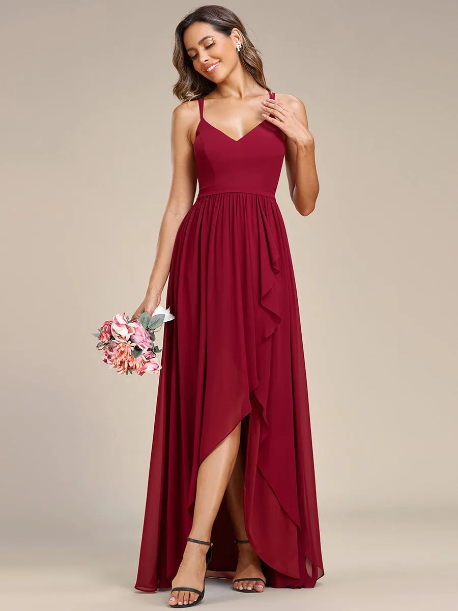 Chiffon Spaghetti Strap Ruffled Front Slit A-Line Bridesmaid Dress