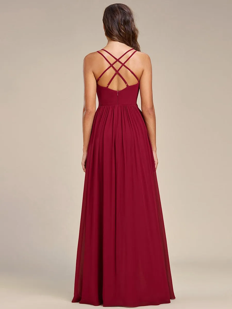 Chiffon Spaghetti Strap Ruffled Front Slit A-Line Bridesmaid Dress