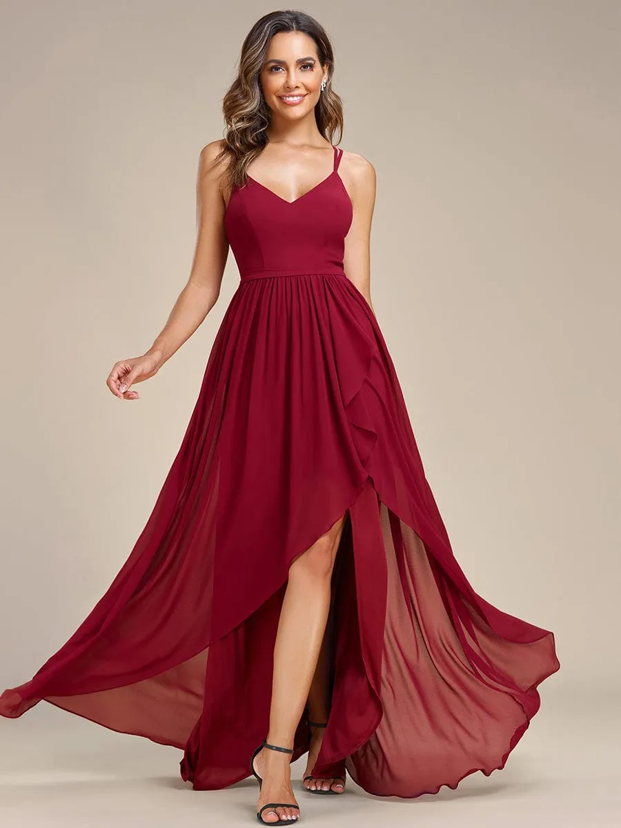 Chiffon Spaghetti Strap Ruffled Front Slit A-Line Bridesmaid Dress