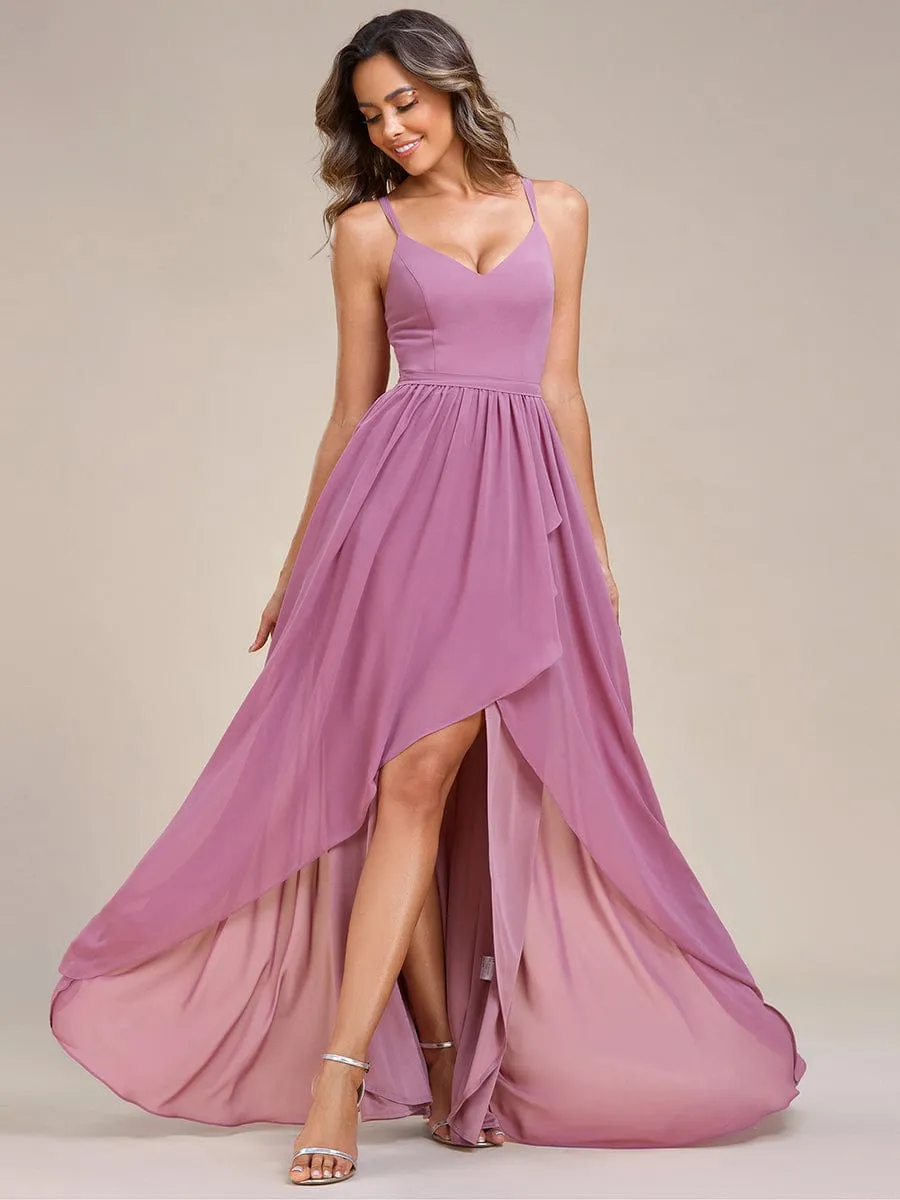 Chiffon Spaghetti Strap Ruffled Front Slit A-Line Bridesmaid Dress