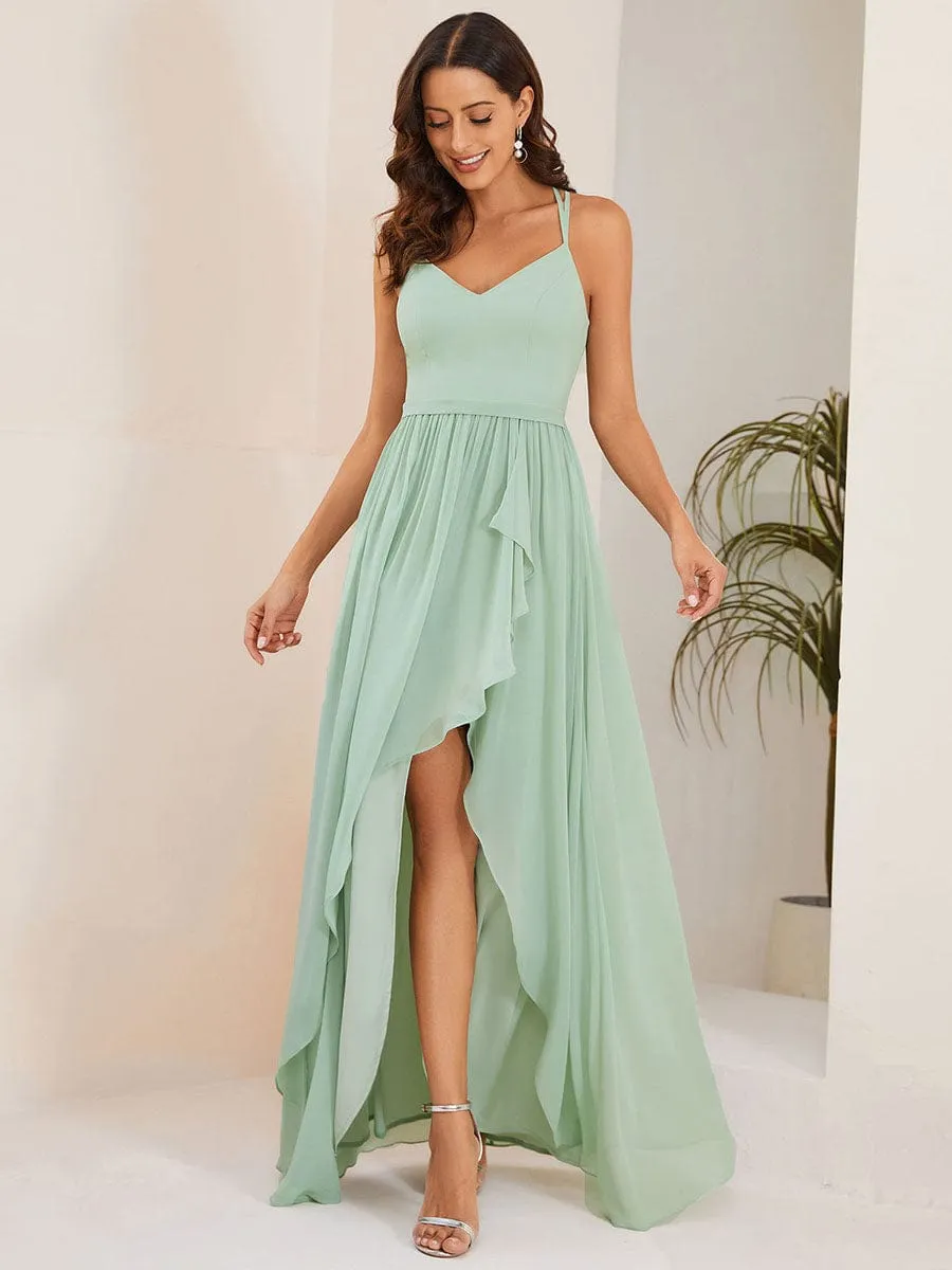 Chiffon Spaghetti Strap Ruffled Front Slit A-Line Bridesmaid Dress