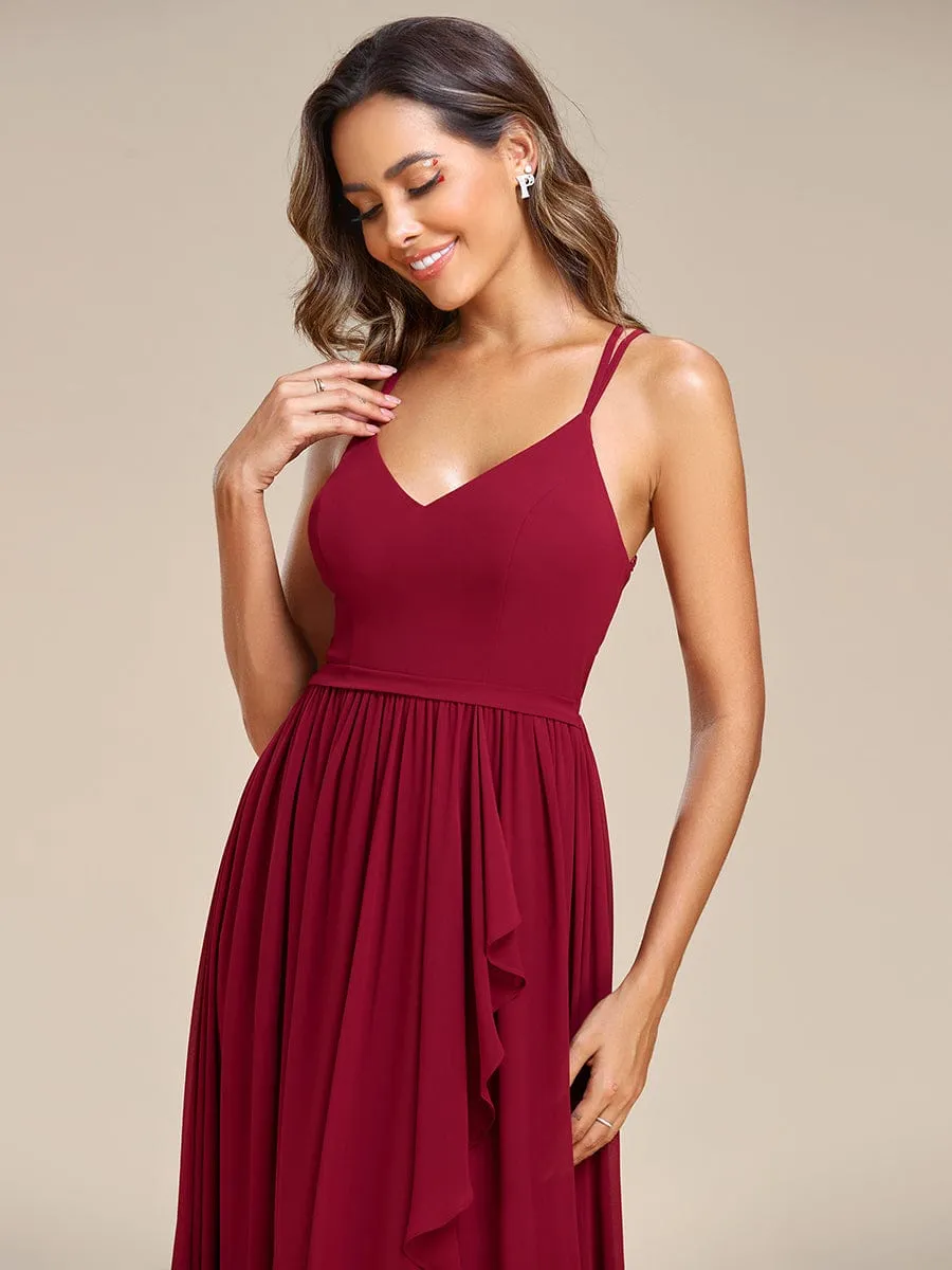 Chiffon Spaghetti Strap Ruffled Front Slit A-Line Bridesmaid Dress