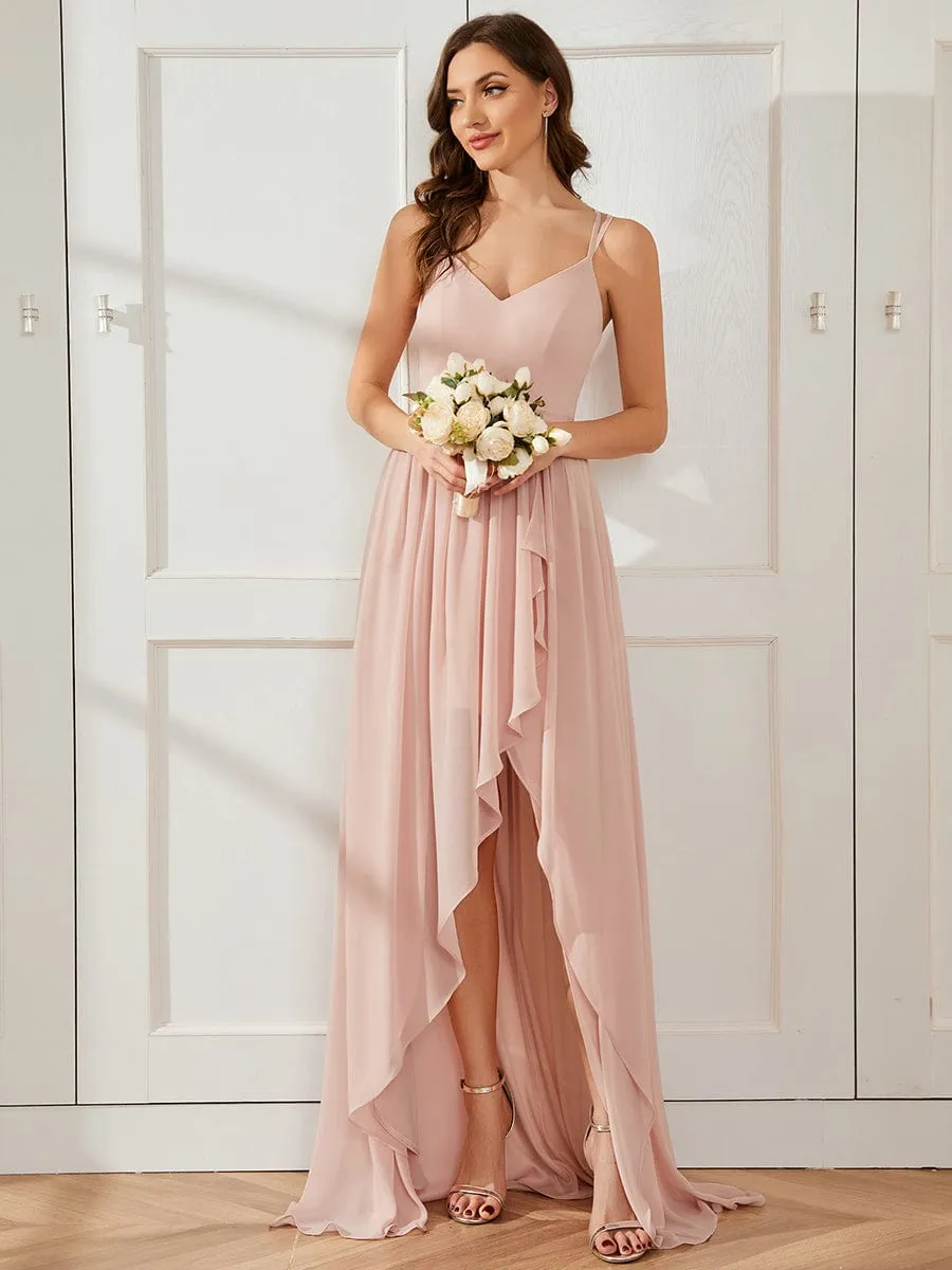 Chiffon Spaghetti Strap Ruffled Front Slit A-Line Bridesmaid Dress