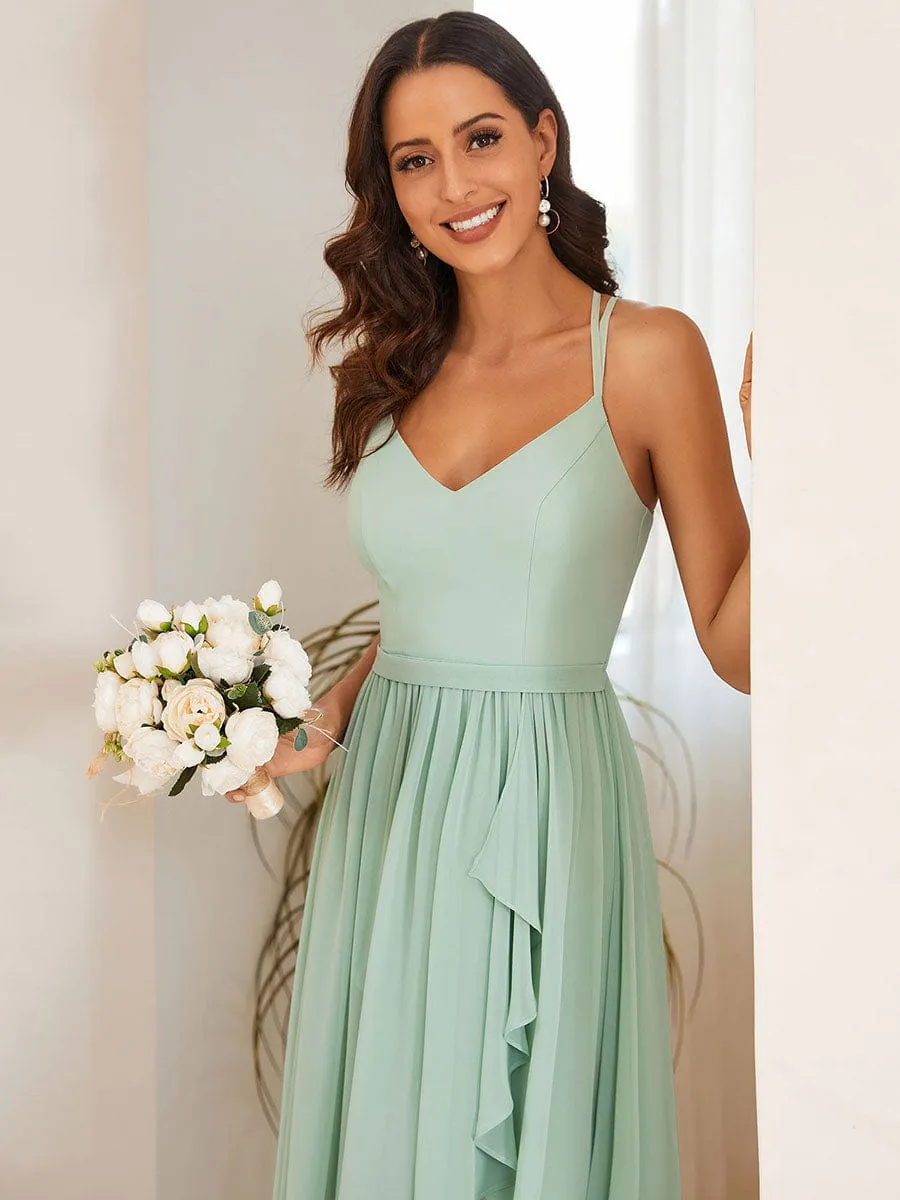 Chiffon Spaghetti Strap Ruffled Front Slit A-Line Bridesmaid Dress